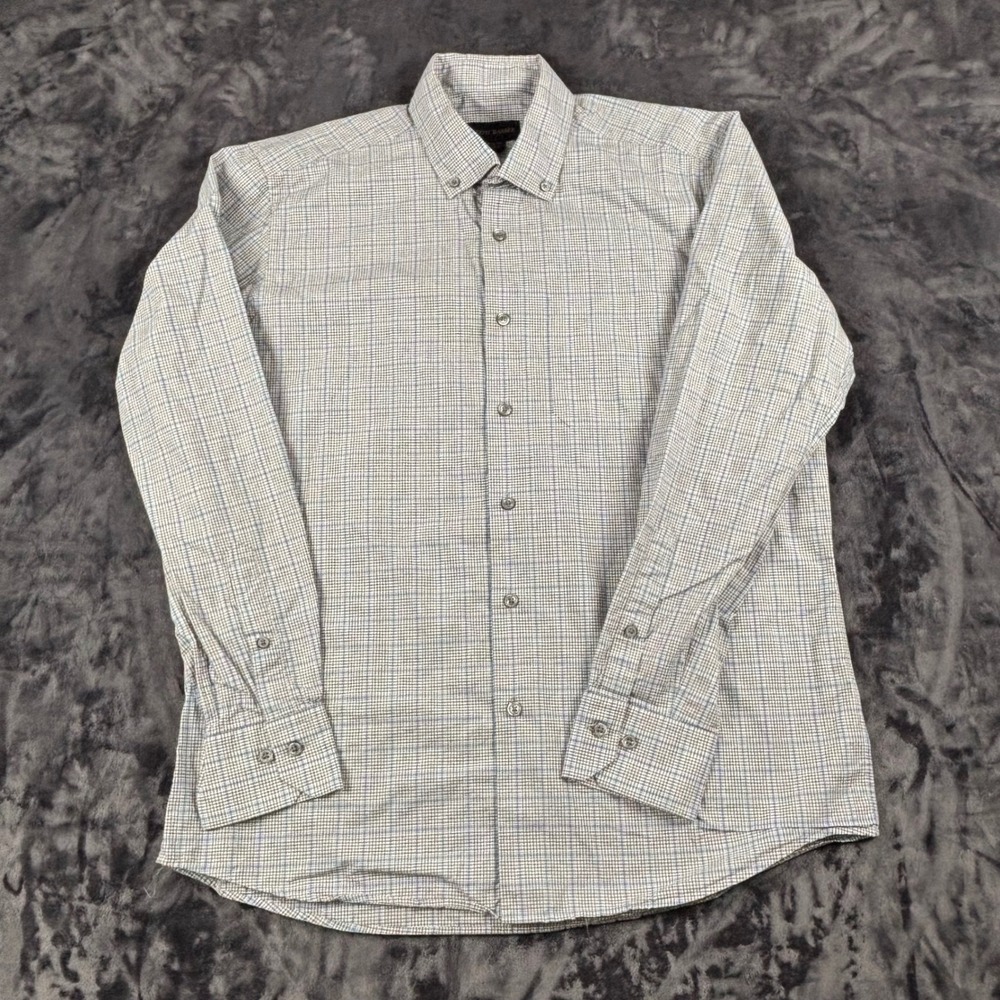 Scott Barber Button Down Shirt Mens L Blue Grey Plaid Cotton Long Sleeve